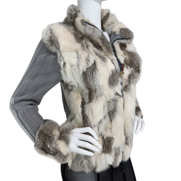 Essenza Y2K Real Lapin Fur Jacket Rabbit Fur Trim Zip Sweater Cardigan Size M - Picture 15 of 16